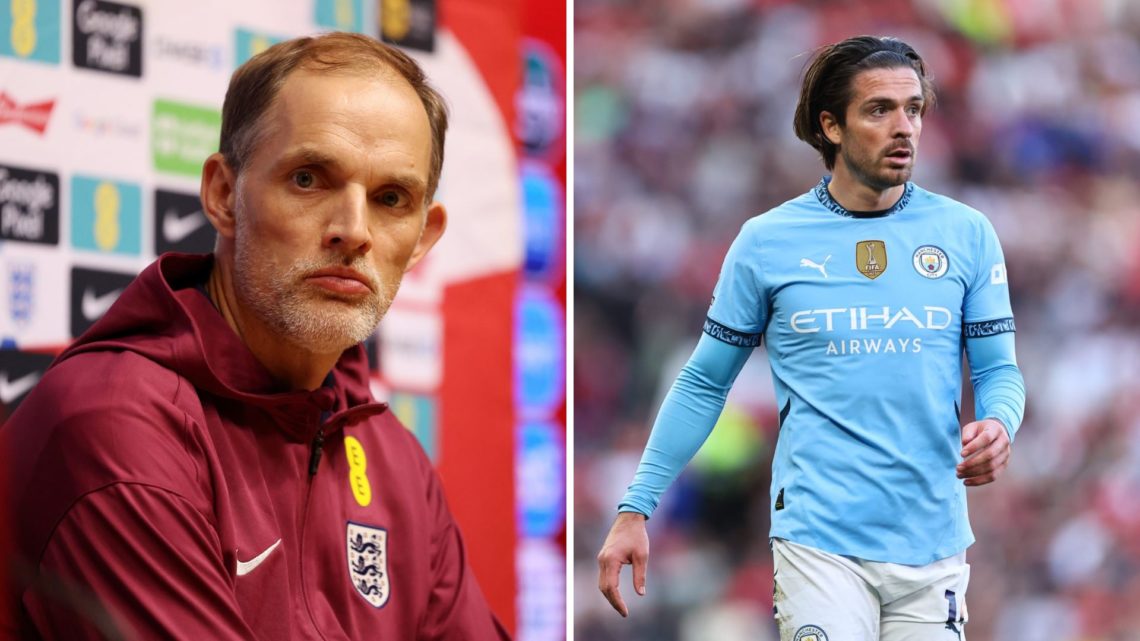 Split Image of England manager Thomas Tuchel during a press conference (left) and Jack Grealish in action (right)