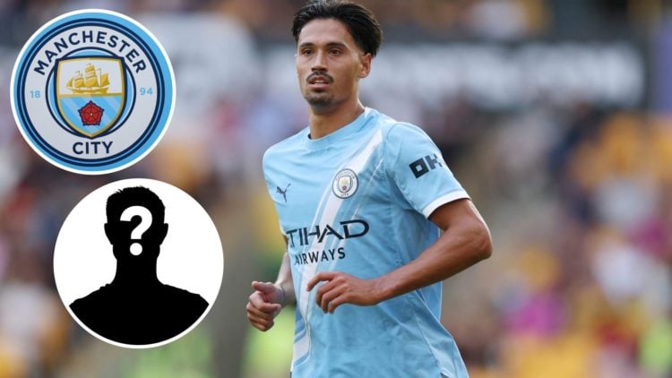 Tijjani Reijnders in action (main image) with insets of Manchester City badge (top left corner) and mystery player (bottom left corner)