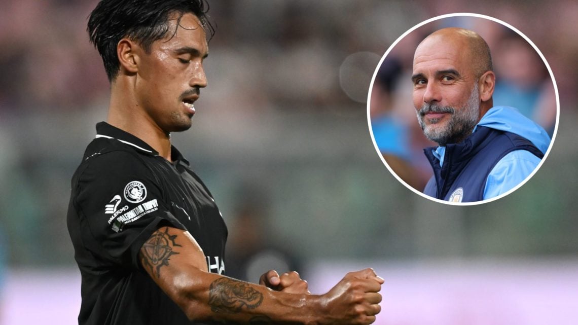 Tijjani Reijnders celebrating after scoring against Palermo (right) with inset of Manchester City manager Pep Guardiola smiling