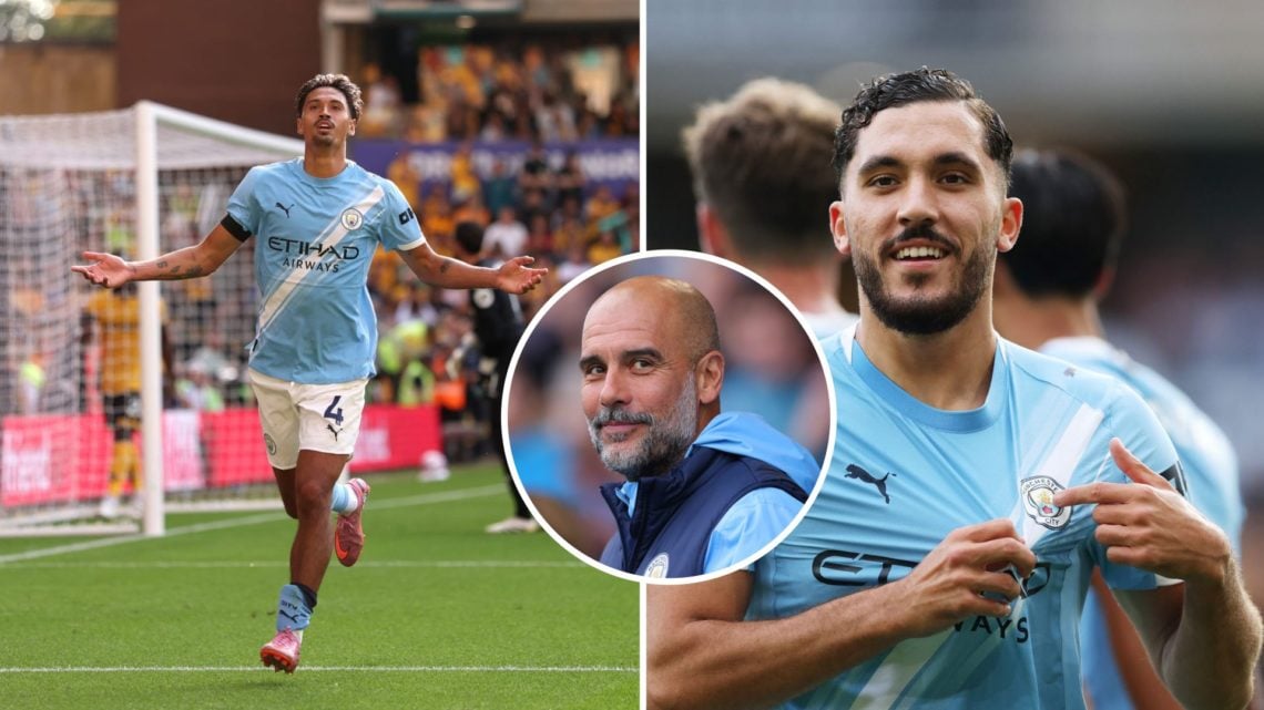 Split Image of Tijjani Reijnders reacting during Premier League match against Wolves (left) and Manchester City's Rayan Cherki celebrating (left) w...