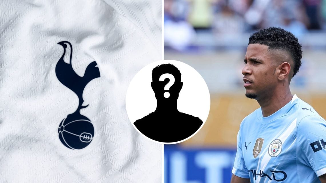 Split Image of Savinho looking on (right) and Tottenham Hotspur badge (left) with inset of mystery player (middle)
