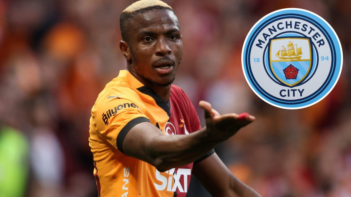 Victor Osimhen of Galatasaray celebrating (main image) with inset of Manchester City badge (top right corner)