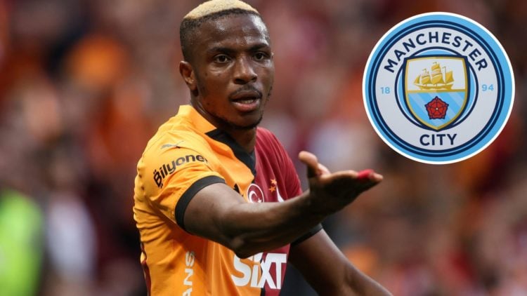 Victor Osimhen of Galatasaray celebrating (main image) with inset of Manchester City badge (top right corner)
