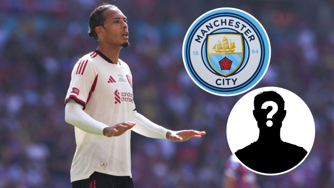 Virgil van Dijk in action (main image) with insets of Manchester City badge (top right corner) and mystery player (bottom right corner)