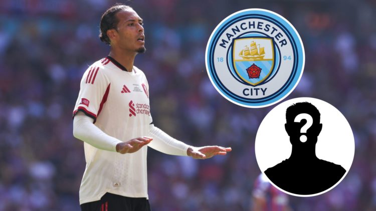 Virgil van Dijk in action (main image) with insets of Manchester City badge (top right corner) and mystery player (bottom right corner)