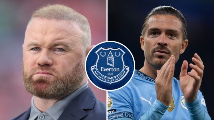 Split Image of Wayne Rooney looking on (left) and Jack Grealish clapping (right) with inset of Everton badge (middle)