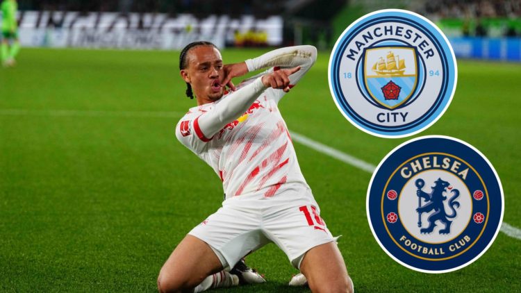 Xavi Simons celebrating (main image) with insets of Chelsea badge (bottom right corner) and Manchester City crest (top right corner)