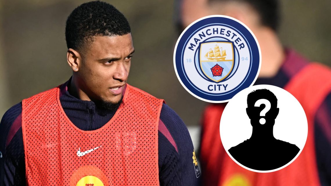 Aston Villa and England defender Ezri Konsa with insets of Manchester City badge and mystery silhouette
