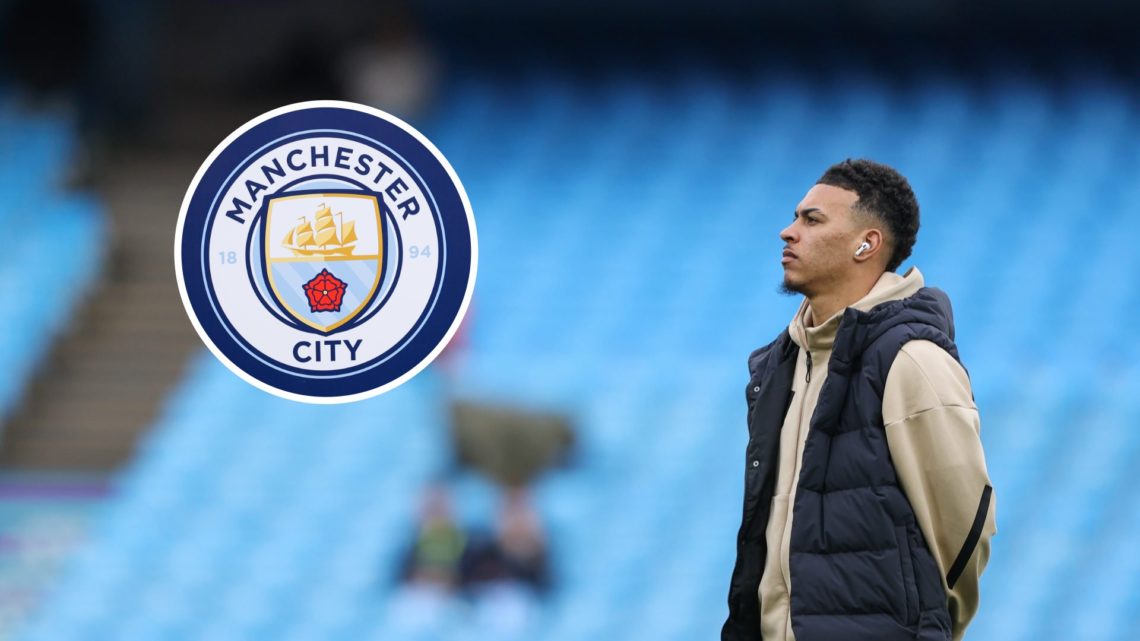 Aston Villa midfielder Morgan Rogers with inset of Manchester City badge