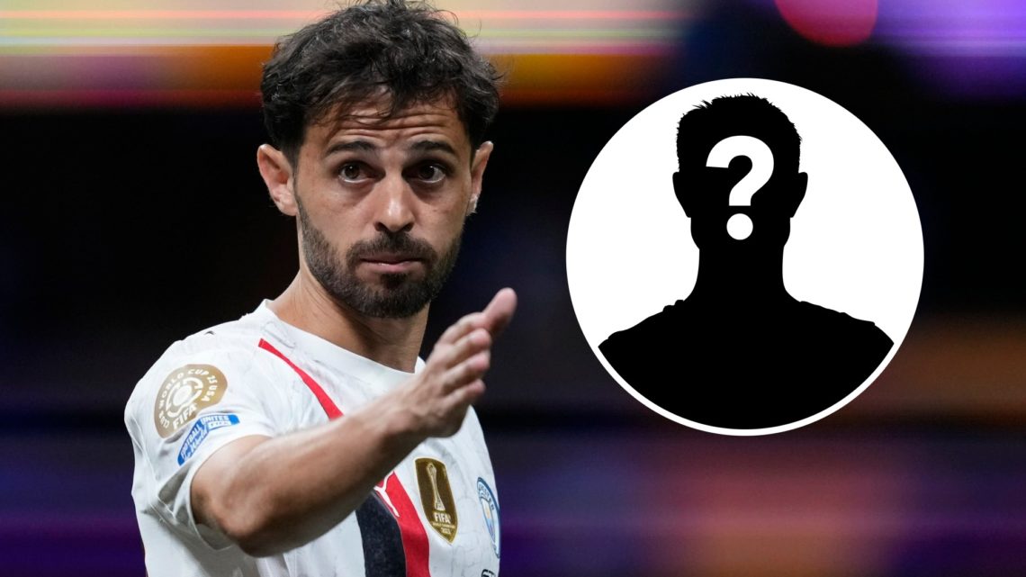 Bernardo Silva pointing during a Man City match (main image) mystery player inset (top right corner)