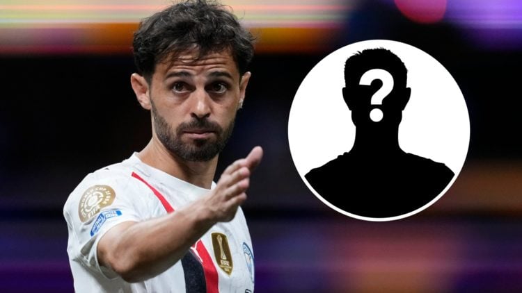 Bernardo Silva pointing during a Man City match (main image) mystery player inset (top right corner)