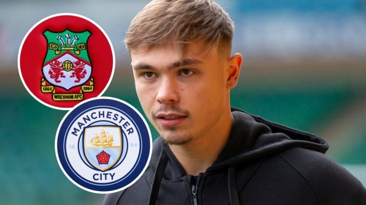 Callum Doyle before a match for Norwich on loan from Manchester City, Wrexham badge and Manchester City badge inset