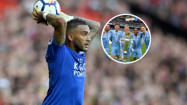 Danny Simpson with inset of Manchester City players holding the Premier League title