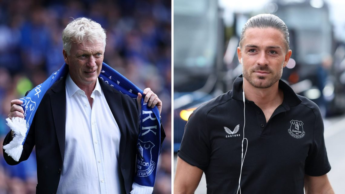 Split image - David Moyes with a Everton scarf around his neck (left) Jack Grealish walking off the bus (right)