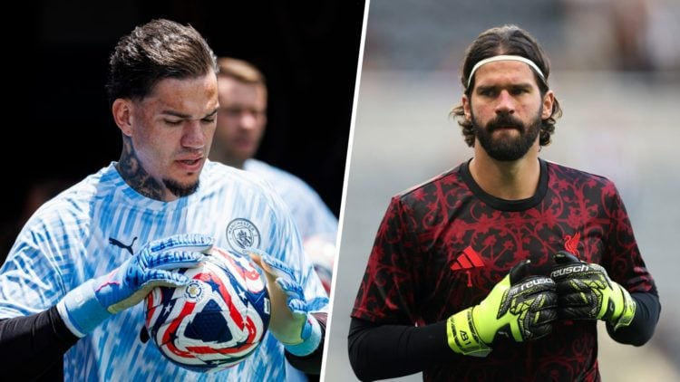 Split image - Ederson with a ball in his hands (left) Alisson Becker warming up ahead of a Liverpool match (right)