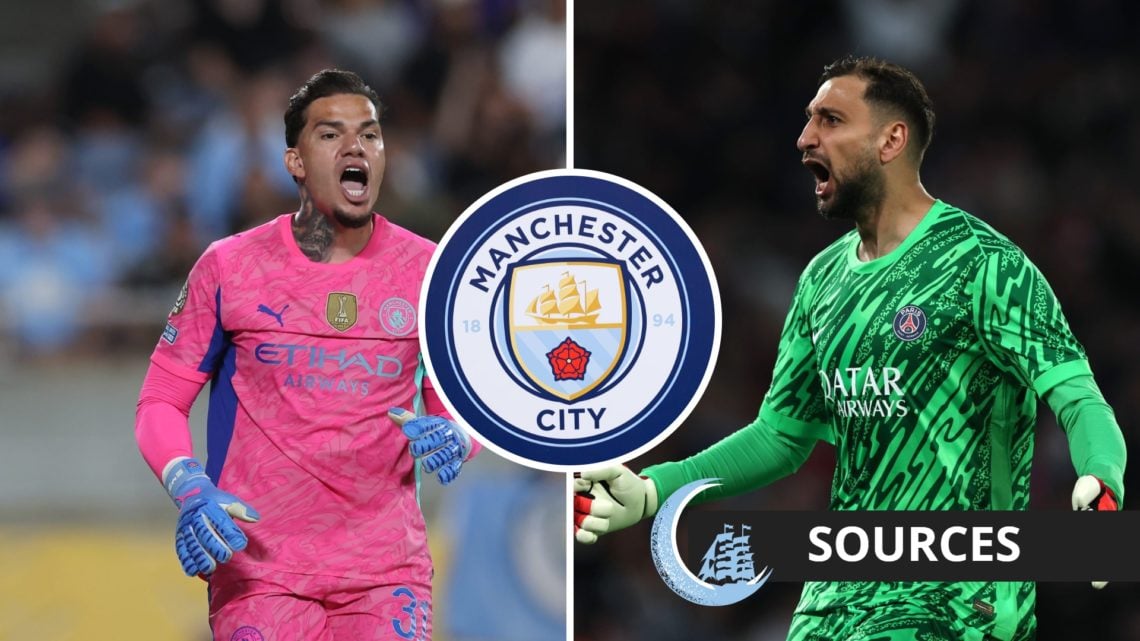 Split image of Ederson and Gianluigi Donnarumma with inset of Manchester City badge