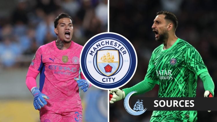 Split image of Ederson and Gianluigi Donnarumma with inset of Manchester City badge