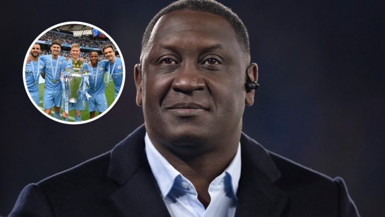 Emile Heskey with inset of Manchester City players holding the Premier League title aloft
