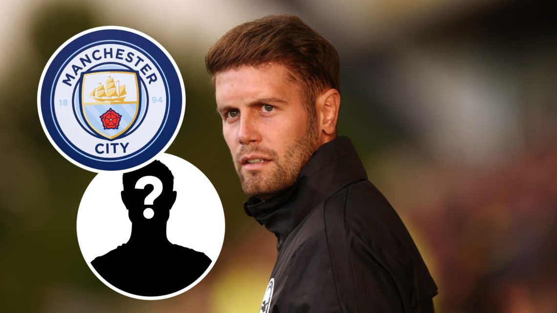 Fabian Hurzeler looks focused during a Brighton match (main image) inset of the Man City badge (top left corner) mystery player inset (bottom left ...