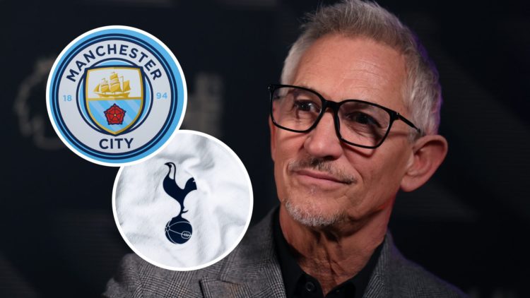 Gary Lineker with inset of Manchester City and Tottenham badges