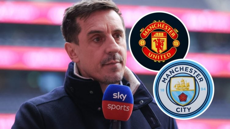 Gary Neville speaking into a Sky Sports microphone (main image) inset of the Man United badge (top right corner) inset of the Man City badge (botto...