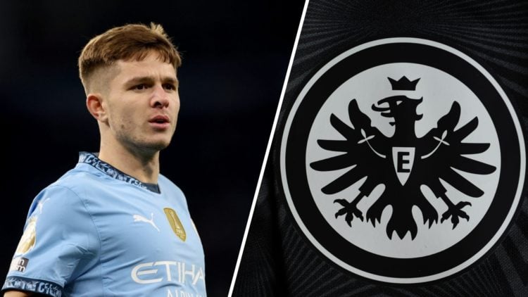 Split image - James McAtee in action for Man City (left) Eintracht Frankfurt badge (right)