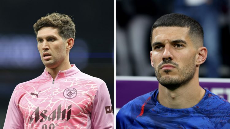 Manchester City defender John Stones warms up (left), Conor Coady on the bench for England (right)