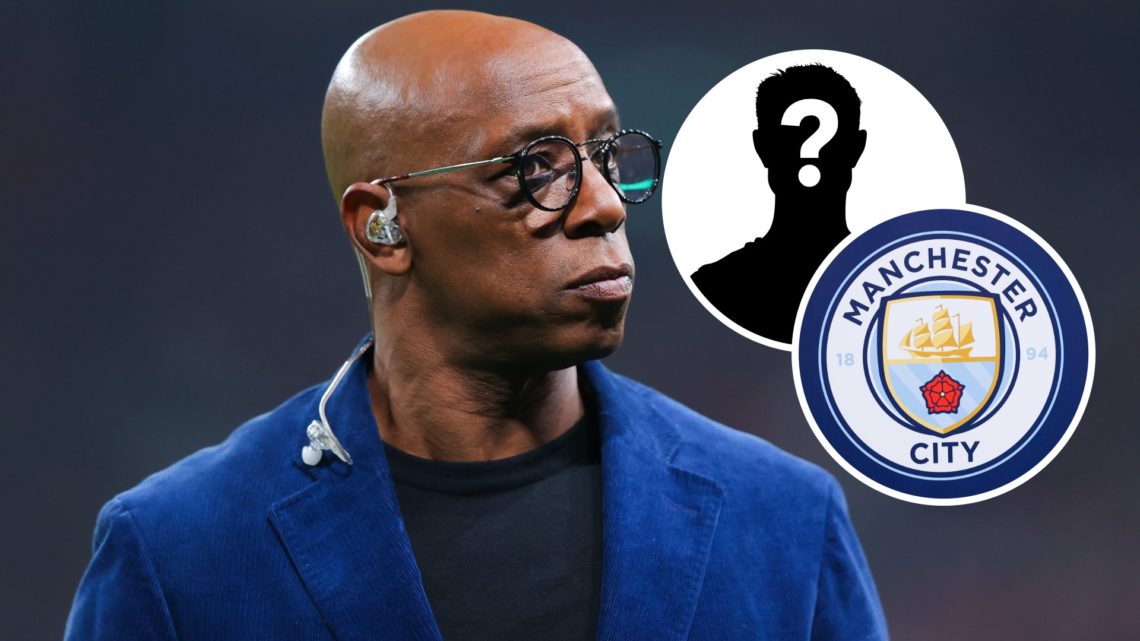 Arsenal legend Ian Wright with insets of Manchester City badge and mystery silhouette