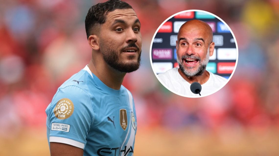 Rayan Cherki in action for Manchester City against Wydad at the FIFA Club World Cup, Pep Guardiola inset