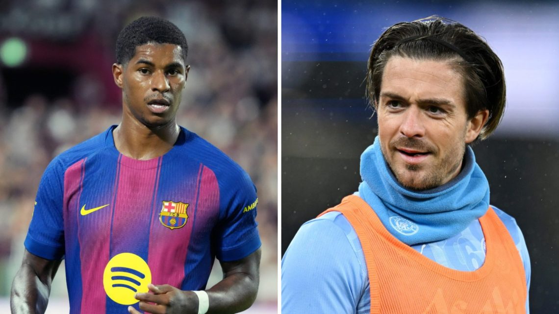 Split image - Marcus Rashford in action for Barcelona (left) Jack Grealish warming up ahead of a Man City match (rigth)