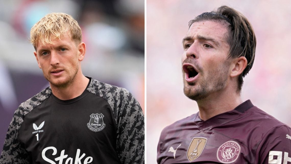 Split image - Jordan Pickford in pre-season action with Everton (left) Jack Grealish shouting instructions (right)