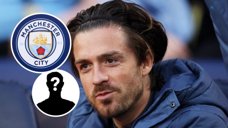 Jack Grealish looks on before a Premier League clash between Manchester City and Aston Villa, mystery figure and Manchester City badge inset