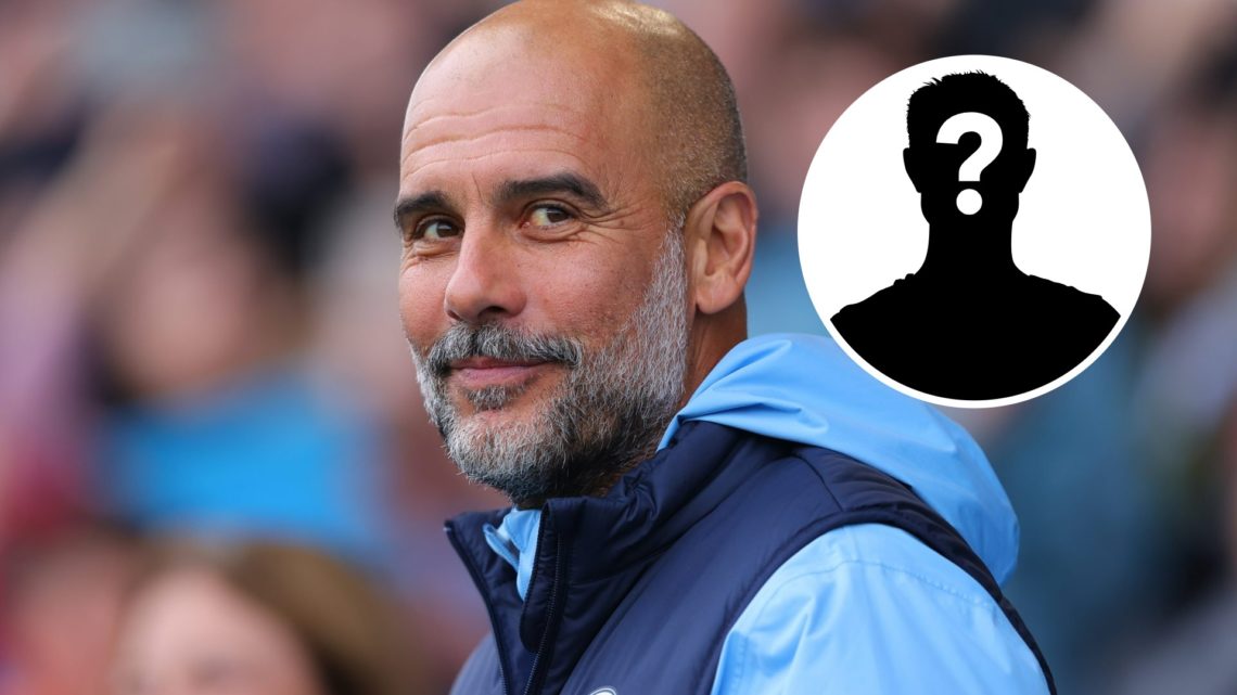 Pep Guardiola smiles during Man City training (main image) mystery player inset (top right corner)