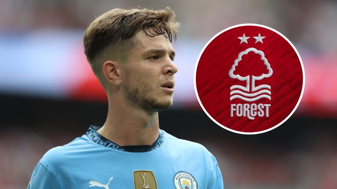 James McAtee in action for Manchester City (main image) inset of Nottingham Forest badge (top right corner)