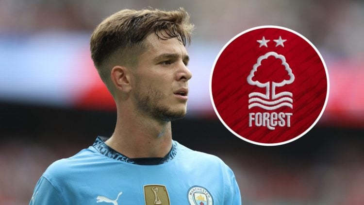 James McAtee in action for Manchester City (main image) inset of Nottingham Forest badge (top right corner)