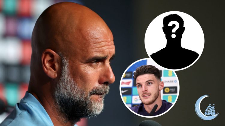 Manchester City manager Pep Guardiola with insets of Arsenal midfielder Declan Rice and mystery silhouette