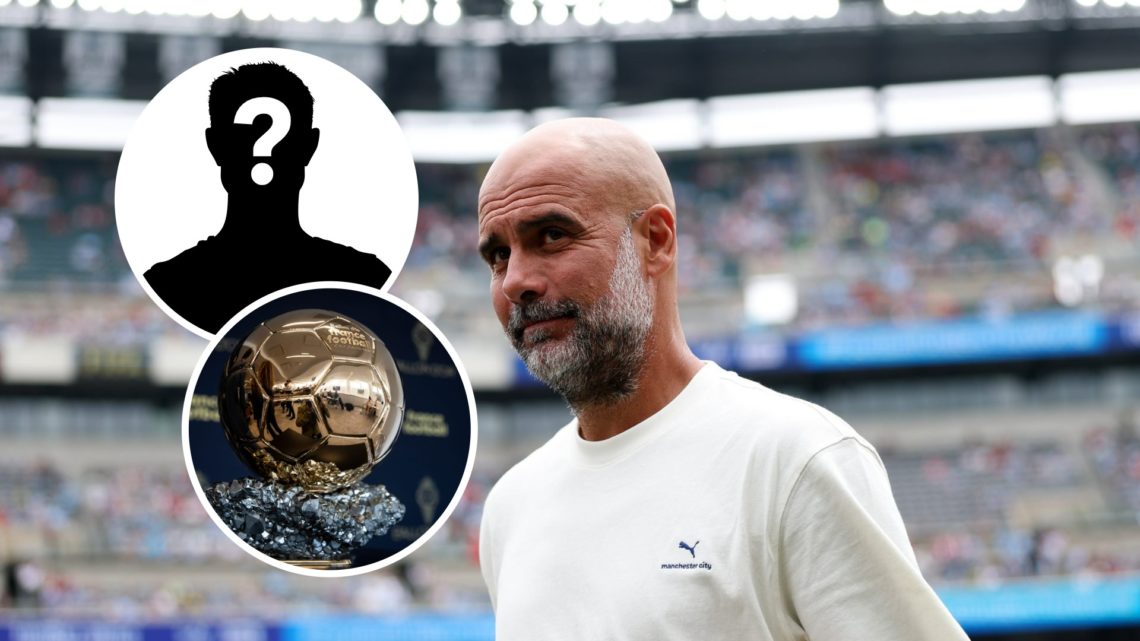 Pep Guardiola smiling during the Club World Cup (main image) mystery player inset (top left corner) inset of the Ballon d'Or (bottom left corner)