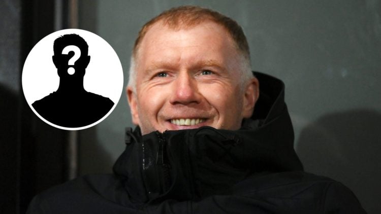 Paul Scholes smiling while watching a Salford City match (main image) mystery player inset (top left corner)