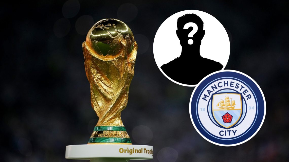 The World Cup trophy (main image) inset of Man City badge (bottom right corner) mystery player inset (top right corner)