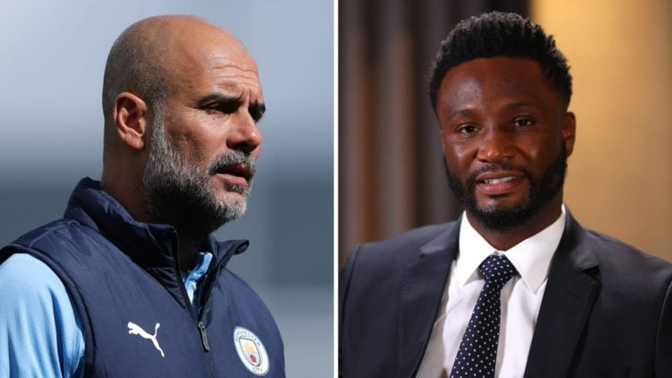 Split image - Pep Guardiola during Man City training (left) John Obi Mikel smiles in a suit (right)