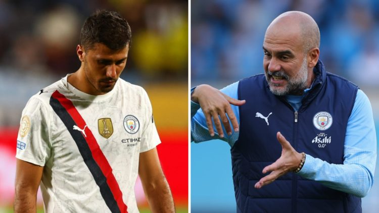 Split image - Rodri walking with his head down (left) Pep Guardiola giving out instructions (right)