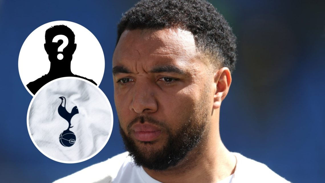 Close up of Troy Deeney working as a pundit (main image) mystery player inset (top left corner) inset of the Tottenham badge (bottom left corner)