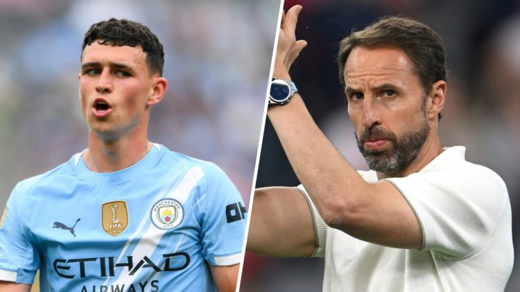Split image - Phil Foden in action for Manchester City (left) Gareth Southgate clapping towards England fans (right)