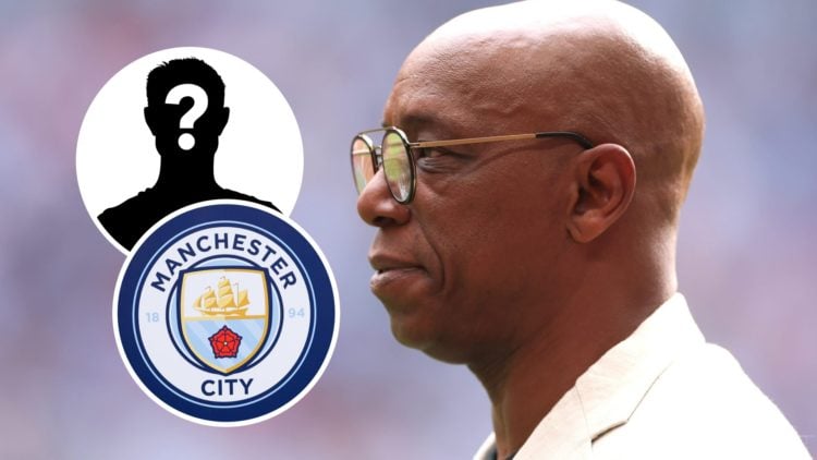 Side shot of Ian Wright working as a pundit (main image) inset of a Man City badge (bottom left corner) mystery player inset (top left corner)
