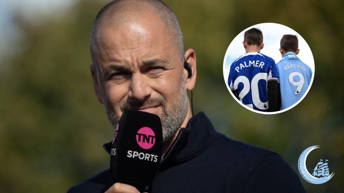 Joe Cole with inset of Chelsea fan wearing Cole Palmer shirt and Manchester City fan wearing Erling Haaland shirt