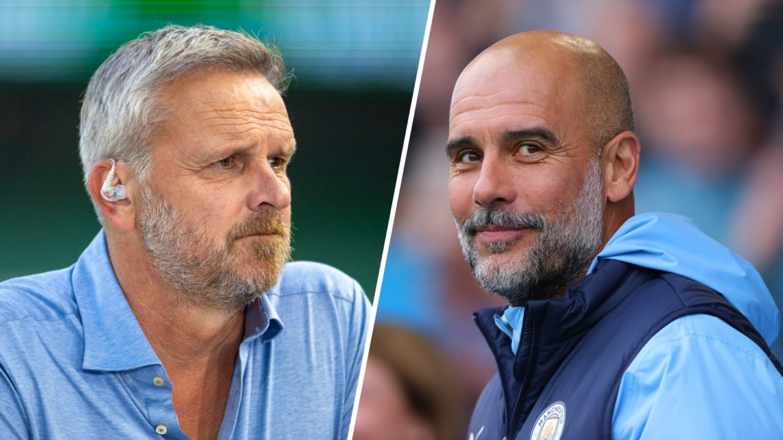Split image - Didi Hamann working as a pundit (left) Pep Guardiola smiling during Man City training (right)
