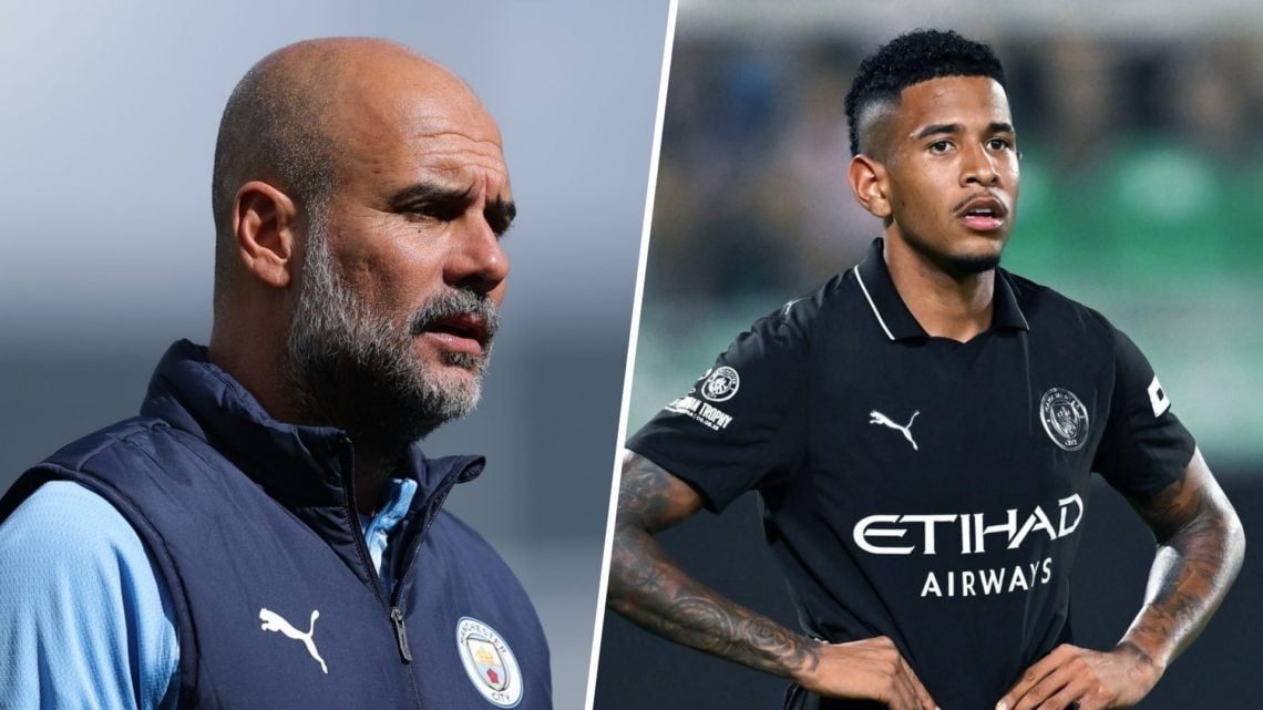 Split image - Close up Pep Guardiola during Man City training (left) Savinho with his hands on his hips (right)