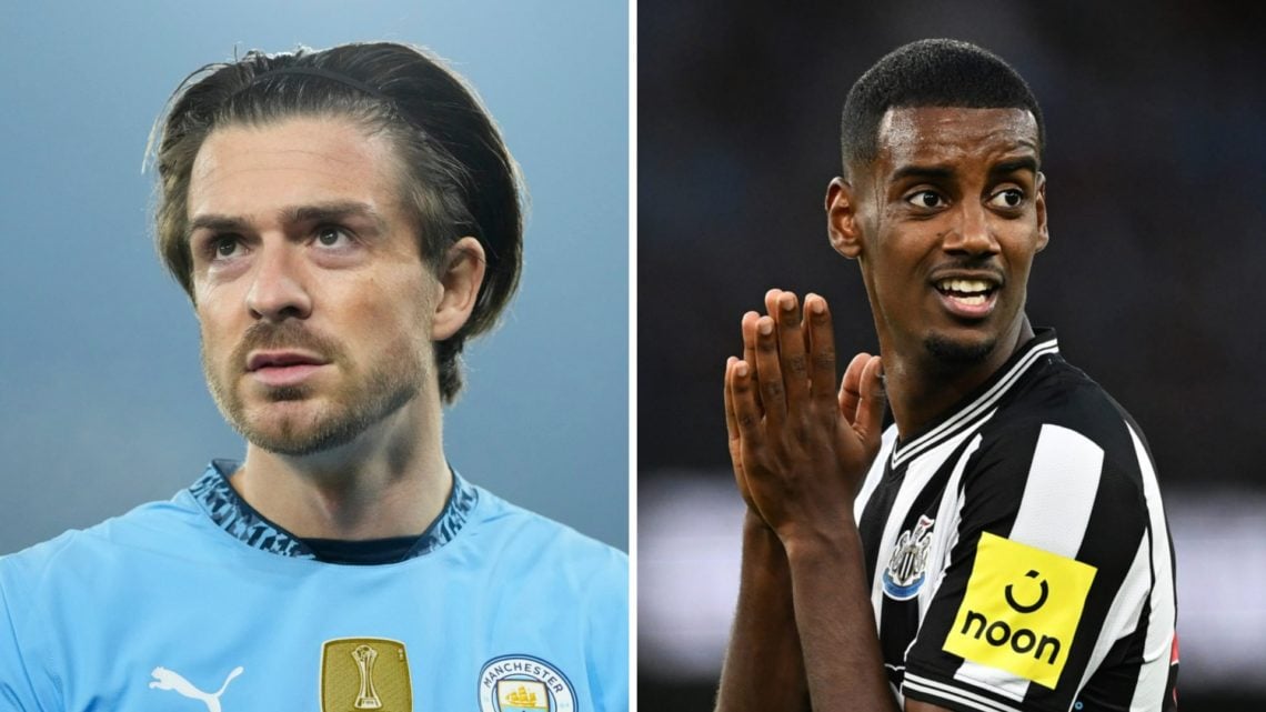 Split image - Close up of Jack Grealish in action for Man City (left) Alexander Isak with his hands together (right)