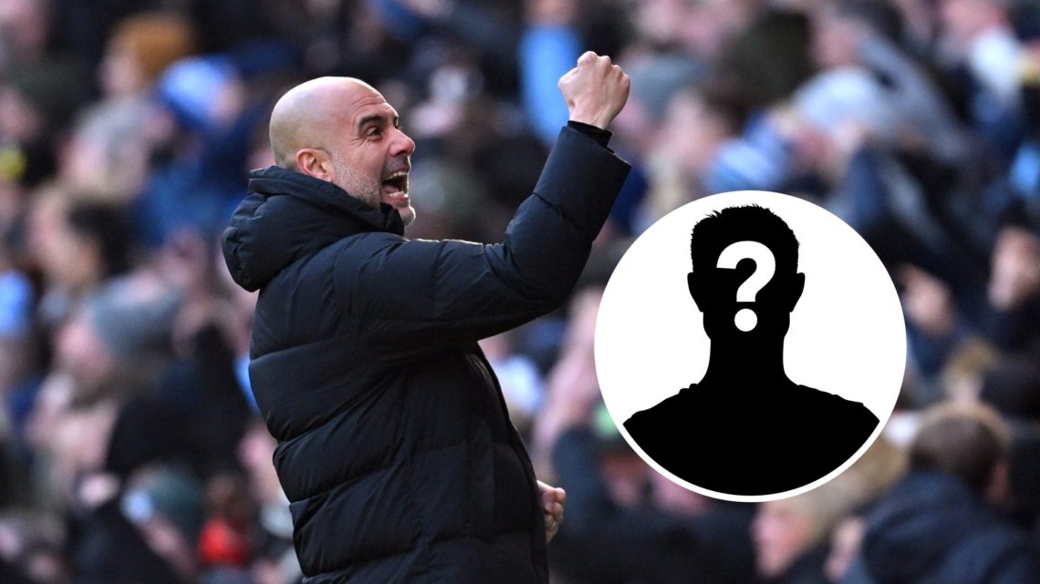 Pep Guardiola celebrates a Man City goal with his arm in the air (main image) mystery player inset (bottom right corner)
