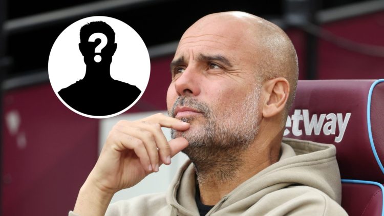 Man City manager Pep Guardiola thinks on the bench at West Ham (main image) mystery player inset (top left corner)